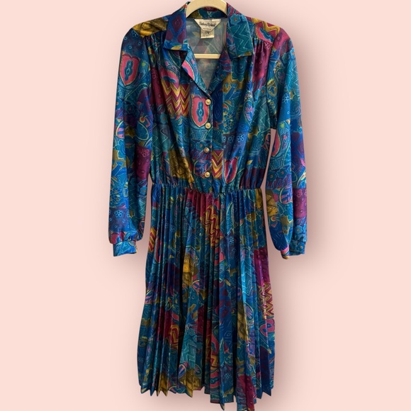 Vintage Dresses & Skirts - Vintage 80s Pleated Midi Dress | Jewel Tone Abstract Print Button Front